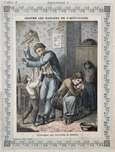 Betrunkener terrorisiert seine Familie, Titelbild eines Schulheftes, ca. 1900 von French School