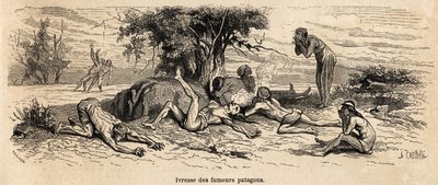 Trunkenheit der Raucher, Zeichnung des Autors, zur Illustration von 3 Jahren Gefangenschaft unter den Patagonen. von French School