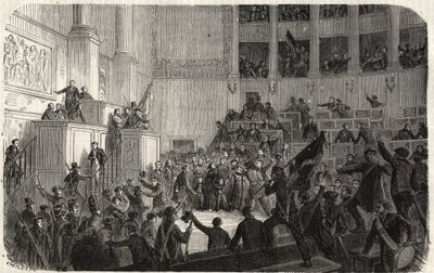 Herzogin von Orléans in der Chambre des Députés (1848), Paris, Frankreich - Revolution von 1848 - Die Herzogin von Orléans in der Chambre des Députés in Paris zur Zeit der Proklamation der Republik (Hélène de Mecklenburg-Schwerin, Herzogin von Orléans) von French School