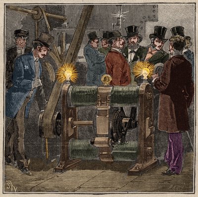 Dynamo-Elektromaschine vom Typ Gram (Zénobe Théophile Gram) erzeugt Gleichstrom, elektrisches Experiment im Maschinenraum des Conservatoire des arts et métiers de Paris (circa 1881). Gravur von 1885 in „Les arts et métiers illustrés“ von Adolphe Bitard. von French School