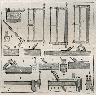 Schreinerei: übliche Werkzeuge, Sägen und Hobeln. Gravur von 1885 in „Les arts et métiers illustrés“ von Adolphe Bitard. von French School