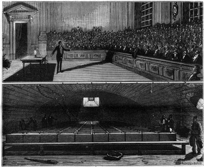 Experiment mit elektrischem Licht, durchgeführt 1813 von Humphry Davy (1778-1829) in seinem Chemiekurs an der Royal Institution of London (England). Gravur in „La Nature. Revue des sciences et de ses applications aux arts et à l