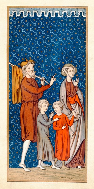 Elimelech und seine Frau Naomi mit ihren zwei Söhnen verlassen Bethlehem nach einer Hungersnot, Kopie einer Miniatur aus dem 16. Jahrhundert von French School