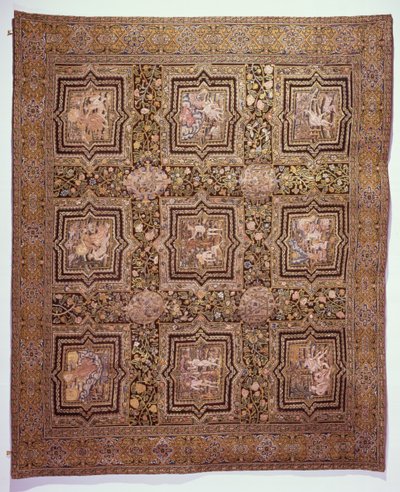 Bestickter Tischteppich mit biblischen Szenen, ca. 1600 (Wolle und Seide auf Leinen) von French School