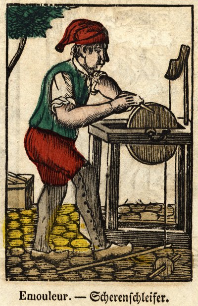 Schleifer (besteht im Schärfen von Objekten mit dem Schleifrad); Serie über Handwerke, Epinal-Bild 19. Jahrhundert von French School