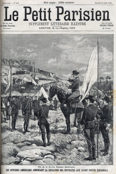 Ende des Spanisch-Amerikanischen Krieges 1898. Amerikanische Offiziere verkünden den Waffenstillstand an den spanischen Außenposten. Gravur in „Le petit Parisien“ von 1898 von French School