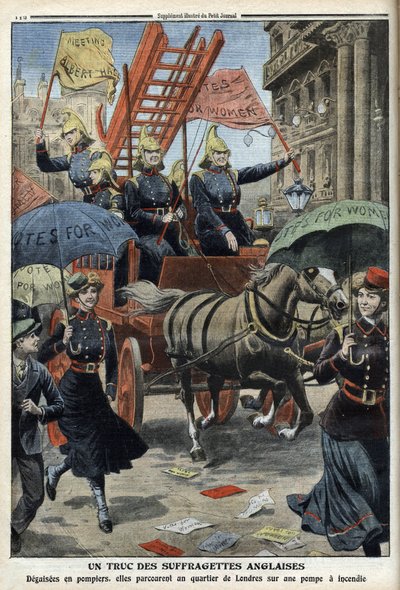 Englische Suffragetten verkleidet als Feuerwehrmänner, aus 