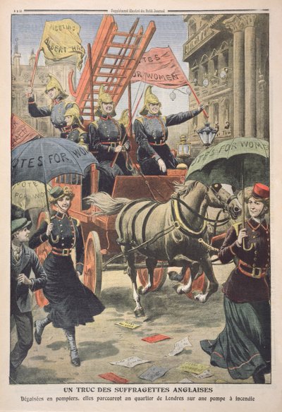 Englische Suffragetten verkleidet als Feuerwehrmänner, aus Le Petit Journal, 3. April 1910 von French School