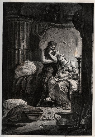 Eponine und ihr Ehemann Julius Sabinus (gestorben 78 n. Chr.) leben heimlich in einer Höhle, um dem Kaiser Vespasian (9-79) zu entkommen - Sabinus und seine Frau Eponine, versteckt in einer Höhle - Gravur aus „L