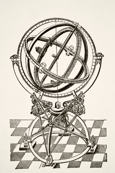 Äquatorialringe oder Kreise, nach einem Kupferstich im Buch Tychonis Brahe Astronomiae Instauratae Mechanica von 1602, aus Wissenschaft und Literatur im Mittelalter von Paul Lacroix, veröffentlicht in London 1878 von French School