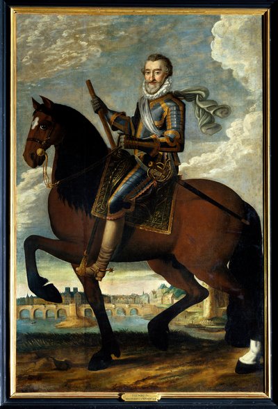 Reiterporträt von Heinrich IV. (1553-1610), König von Frankreich, vor der Pont Neuf in Paris. Anonymes Gemälde des 17. Jahrhunderts. Öl auf Leinwand. Pflichtangabe: Sully sur Loire, Schloss Sully von French School