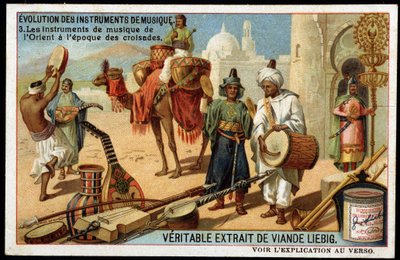 Entwicklung der Musikinstrumente: Arabische Musikinstrumente vom Osten bis zur Zeit der Kreuzzüge. Bendir, Duff, Oud, Rabab und andere Saiteninstrumente, Blas- und Schlaginstrumente (Trommel). Späte 19. Jahrhundert Liebig Chromolithografie. von French School