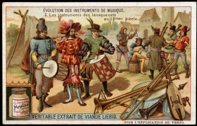 Entwicklung der Musikinstrumente: Die Instrumente der Landsknechte im 15. Jahrhundert. Militärtrommel, Flöte, Triangel, Trompete, eine Art Dudelsack und andere Saiteninstrumente. Späte 19. Jahrhundert Liebig Chromolithographie. von French School