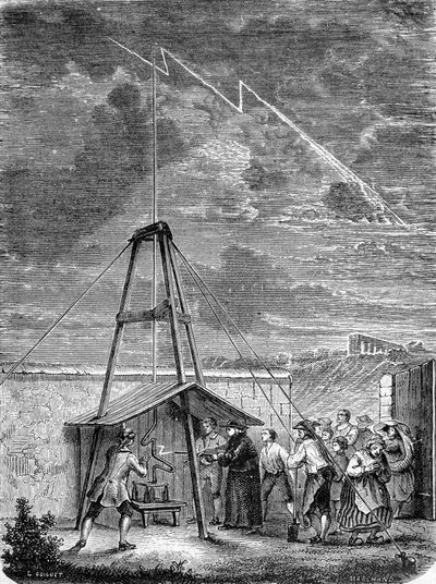 Experiment vom 10. Mai 1752, von Thomas-François Dalibard (1703-1779) in Marly, erste Demonstration der Anwesenheit von Elektrizität in Gewitterwolken - Gravur von French School