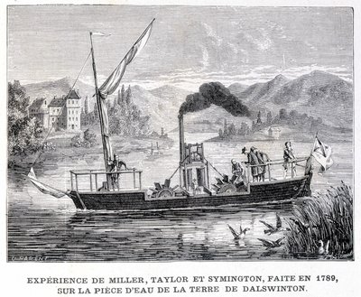 Erfahrung von Miller, Taylor und Symington, gemacht im Jahr 1789, auf dem Wasserstück des Landes von Dalswinton - in „Album der Wissenschaft; berühmte Gelehrte; Große Entdeckungen“ 1896. von French School