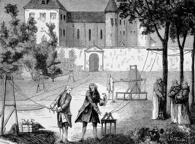 Experiment von 1746 von Lemonnier im Kloster der Chartreux zur Bestimmung der Geschwindigkeit der Elektrizität - in „Album der Wissenschaft; illustre Wissenschaftler; Große Entdeckungen“ 1896 von French School