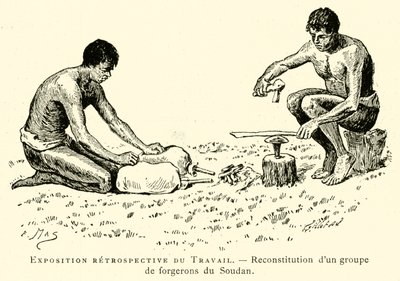 Retrospektive Ausstellung der Arbeit, Rekonstruktion einer Gruppe von Schmieden aus dem Sudan (Gravur) von French School