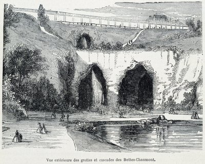 Außenansicht der Kaskaden und Höhlen der Buttes Chaumont, Gravur 19. Jahrhundert von French School