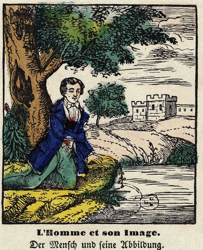 Fabeln von La Fontaine: Der Mann und sein Bild. Bild von Epinal, erste Hälfte des 19. Jahrhunderts. von French School