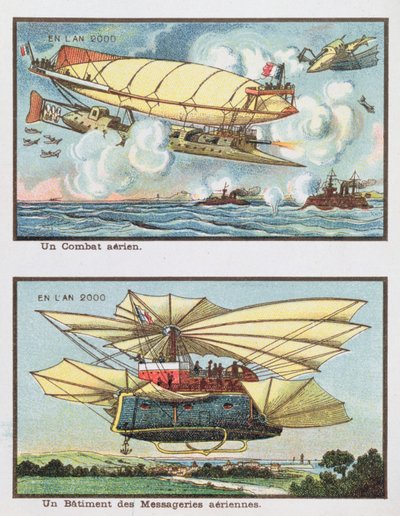 Fantasiemalereien einer Luftschlacht und eines Frachtflugzeugs im Jahr 2000 von French School