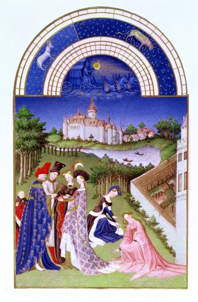 Faksimile von April: höfische Figuren im Schlossgelände von den Limbourg-Brüdern, aus den Tres Riches Heures du Duc de Berry von French School