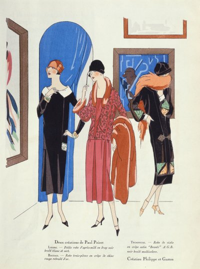 Modedesigns für Besucher von Kunstgalerien von Paul Poiret und Philippe et Gaston, aus dem Magazin Art, Gout, Beaute, 1925 von French School