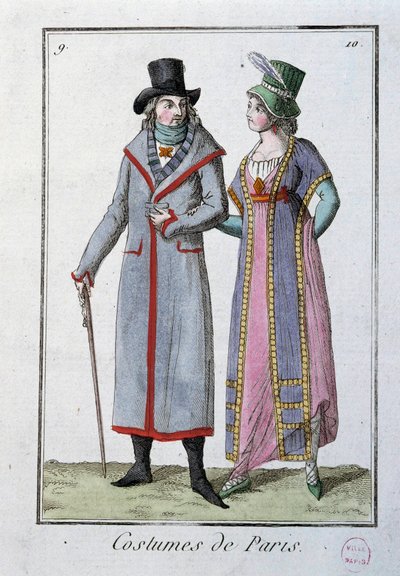Mode unter dem Direktorium: ein elegantes Pariser Paar. Anonyme Lithografie von 1795. Paris, Kostümmuseum von French School