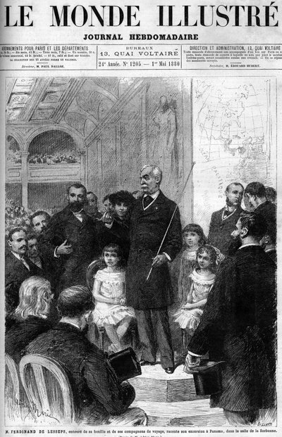 Ferdinand de Lesseps ist umgeben von seiner Familie und seinen Reisegefährten und erzählt von seiner Reise nach Panama im Salle de la Sorbonne. Titelblatt der „Illustrous World“ von 1880 von French School