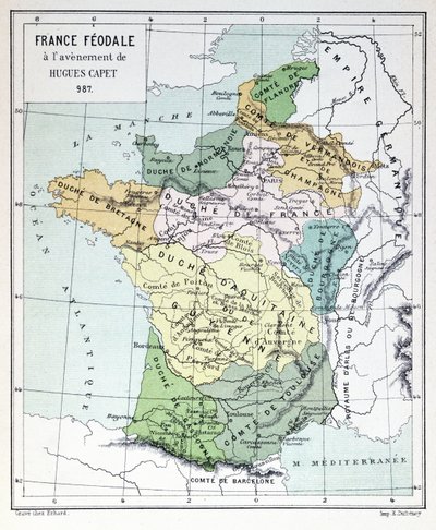 Feudales Frankreich zur Zeit der Thronbesteigung von Hugues Capet im Jahr 987, Karte illustriert in einer Histoire de France ca. 1880 von French School