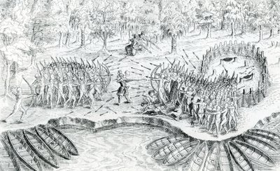 Kampf der Huronen, aus Voyage de Champlain in 1624 von Samuel de Champlain von French School