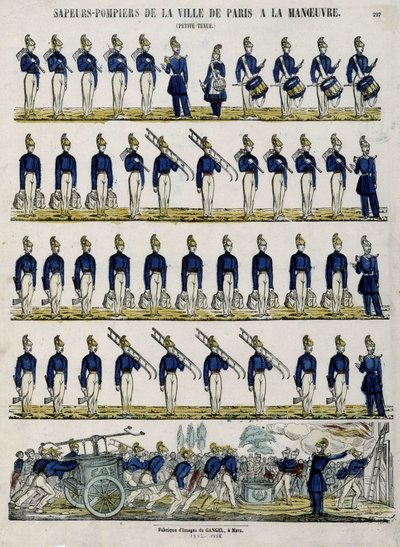 Feuerwehr der Stadt Paris bei einer Übung - Bild von Epinal, circa 1852 von French School