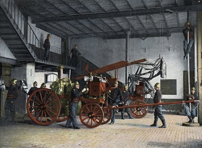 Feuerwehrleute von Paris. Zentrale Wache (Feuerwache): Feueralarm. Zum Zeitpunkt des Feueralarms bringen die Stallwachen die Pferde aus ihrem Stall in ihre Anspannposition, über der die hängenden Geschirre durch einfaches Ziehen befestigt werden. Der Fahre von French School