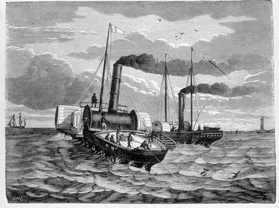 Erster Versuch zur Installation eines elektrischen Leiters von Dover nach Calais (1851) - in „Album der Wissenschaft; berühmte Wissenschaftler; Große Entdeckungen“ 1896 von French School