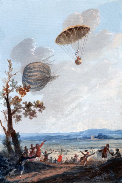 Erster Mann, der mit einem Fallschirm absprang, 22. Oktober 1797, im Parc Monceau, Paris, ca. 1797 von French School