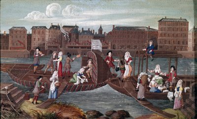 Fisch und Lavendel auf dem Rücken. Detail auf dem Rücken zeigt die Freizeit der Lavendelbäume beim Essen, Plaudern mit anderen Handwerkern (Wasserträger, Schuhputzer) und Tanzen auf einem Boot in der Seine. Gemälde der französischen Schule des 17. Jahrhund von French School