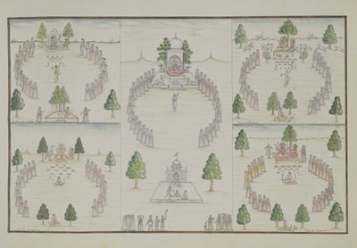 Fünf hinduistische Kulte: Shiva, Krishna, Vishnu, Brahma und Muttergöttin aus dem Gentil-Album, veröffentlicht 1774 von French School