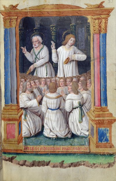 St. Peter und St. Johannes ermahnen die Gläubigen, aus Heures a lUsage de Rome von French School