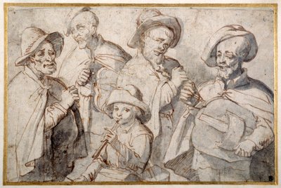 Vier Drehleierspieler und ein Junge mit einer Pfeife, ca. 1650-99 von French School
