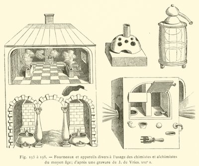 Öfen und verschiedene Geräte für Chemiker und Alchemisten des Mittelalters von French School