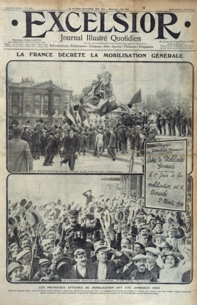 Frankreich erklärt die Generalmobilmachung am 2. August 1914, Titelillustration von Excelsior am Sonntag, 2. August 1914 von French School
