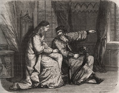 Fredegonde (545-597) vertraut dem Harfenspieler Barbantini ihre Sorgen an, weil ihr Liebhaber Chilperic (dann König der Franken Chilperic I. (543-597)) sie nicht heiratete. 565. Gravur von 1871 in „Histoire Des Cocuses Celebres“ von Henry de Kock von French School