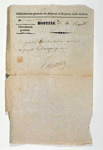 Kostenloses Rezept vom Hôpital de la Charité, Paris, 7. März 1837 von French School