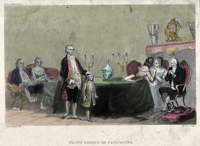 Freimaurerei: Magiesitzung von Giuseppe Balsamo, bekannt als Alexander, Graf von Cagliostro (1743-1795). Gravur aus „Picturesque Histoire de la Franc Maconnerie et des Societes Secretes antique et modernes“ von F.-T. B. Clavel. Pagnerre, Herausgeber von French School
