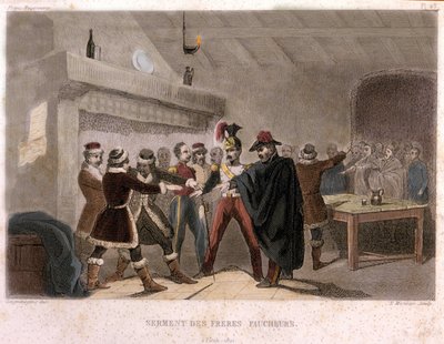 Freimaurerei: Der Eid der Brüder Schnitter in Potok im Jahr 1821. Gravur aus „Picturesque Histoire de la Franc Maconnerie et des Societes Secretes antique et modernes“ von F.-T. B. Clavel. Pagnerre, Herausgeber. 1843 von French School