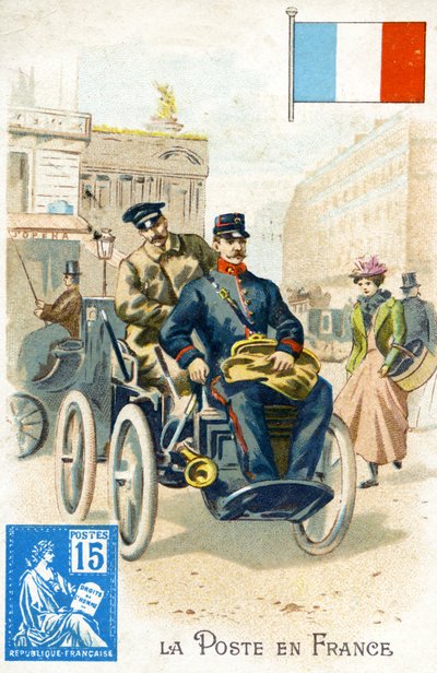 Französischer Postbote in einem elektrisch betriebenen Fahrzeug, späte 19. Jahrhundert von French School
