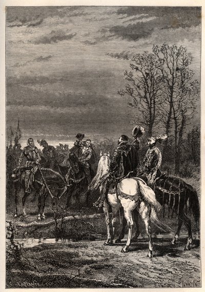 Französische Religionskriege - Oktober 1569 Religionskrieg - Die Gespräche vor der Schlacht von Moncontour (Henri, Herzog von Anjou, zukünftiger Heinrich III. und Gaspard II. von Coligny - Die Schlacht von Moncontour (Oktober 1569) - Gravur aus „Die Geschi von French School