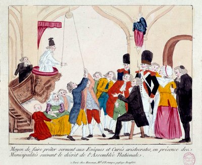 Französische Revolution: „Mittel zur Ablegung des Eides gegenüber aristokratischen Bischöfen und Pfarrern in Anwesenheit von Gemeinden nach dem Dekret der Nationalversammlung“. Ein Flaschenzug wird verwendet, um ihren Arm zu heben. Populärer Druck des 18.  von French School