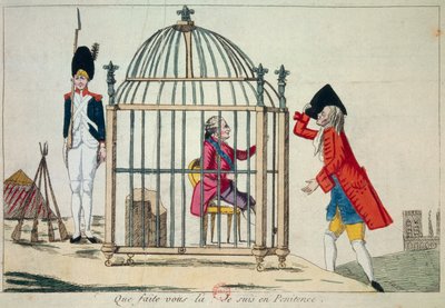 Französische Revolution: „Was machst du, ich bin in Buße“ König Ludwig XVI. (1754-1793) dargestellt in einem Käfig am Vorabend seiner Flucht nach Varennes im Juni 1791. Satirische Gravur Paris, Bibliothek des Arsenal von French School