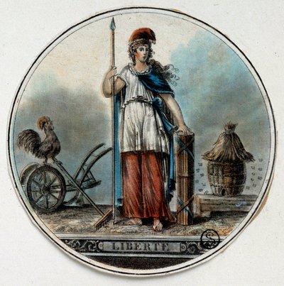 Französische Revolution: Allegorie der Freiheit als Frau in der Nähe eines Bienenstocks und eines Hahns. Ende des 18. Jahrhunderts. Paris, B.N. von French School