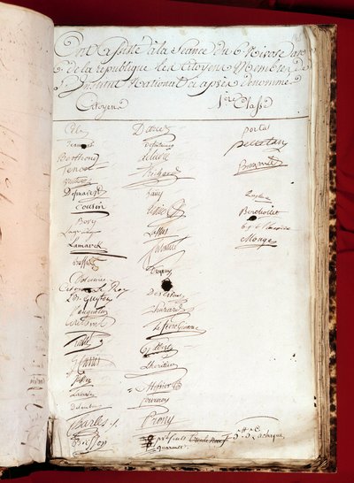 Französische Revolution: Blatt eines Anwesenheitsregisters vom 26.12.1797 (6. Nivose Jahr VI) mit Unterschriften von Personen, die einem Nationalinstitut beiwohnten. Paris, Akademie der Wissenschaften von French School